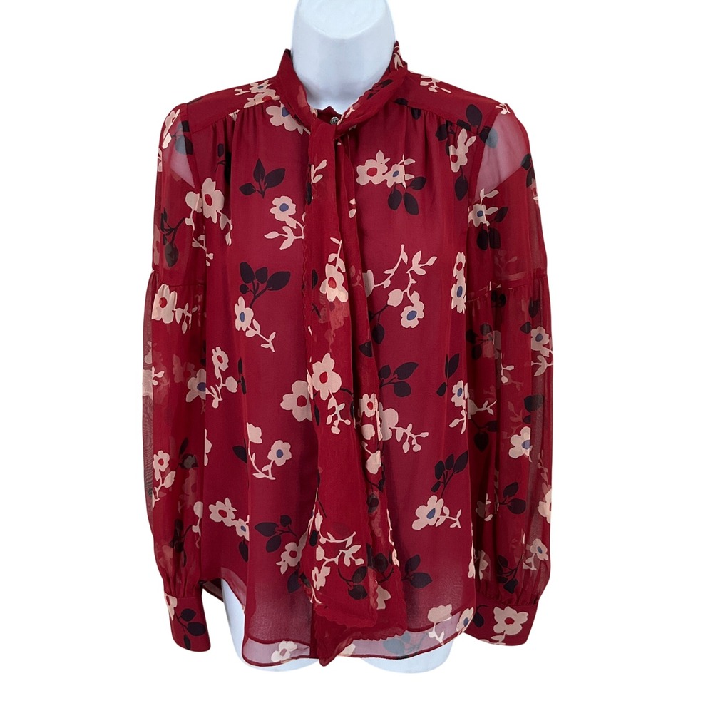 Kate Spade New York Blouse Womens XS Burgundy Floral Silk Tie Neck Sheer Sleeve